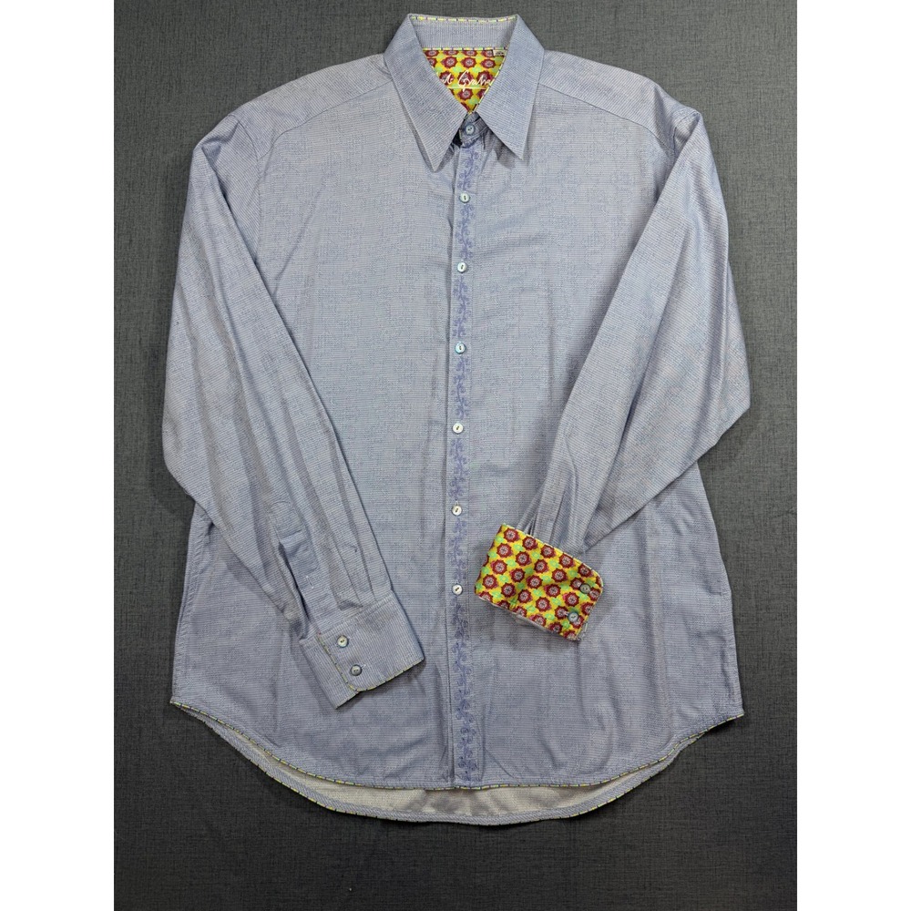 Robert Graham Mens XL Long Sleeve Button Down Shirt Blue Geometric Floral Trim